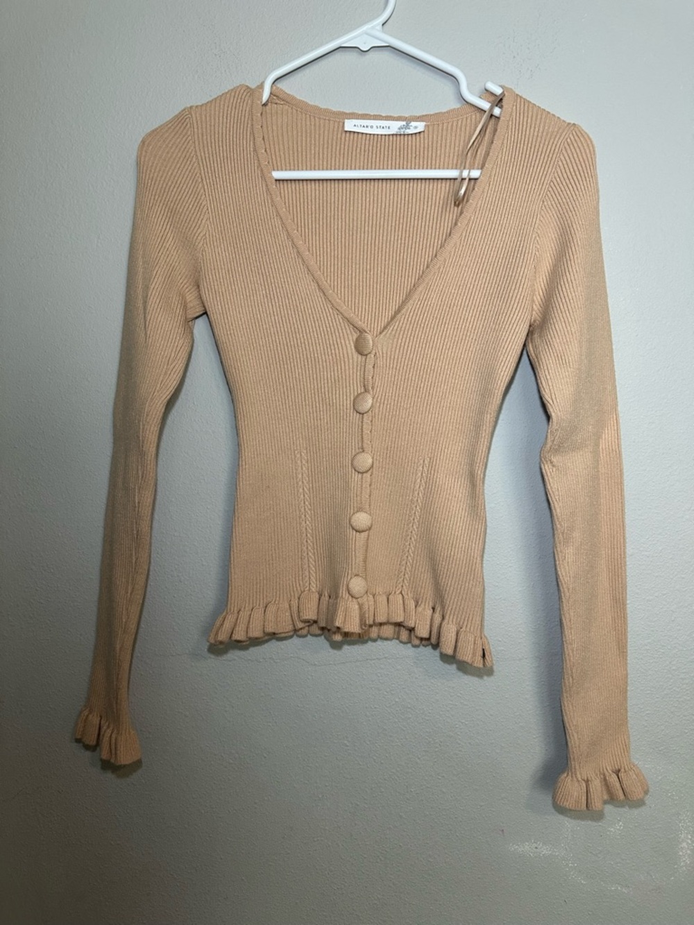 Altar'd State Tan Ribbed Button-Front Ruffle Hem Top - Picture 2 of 7